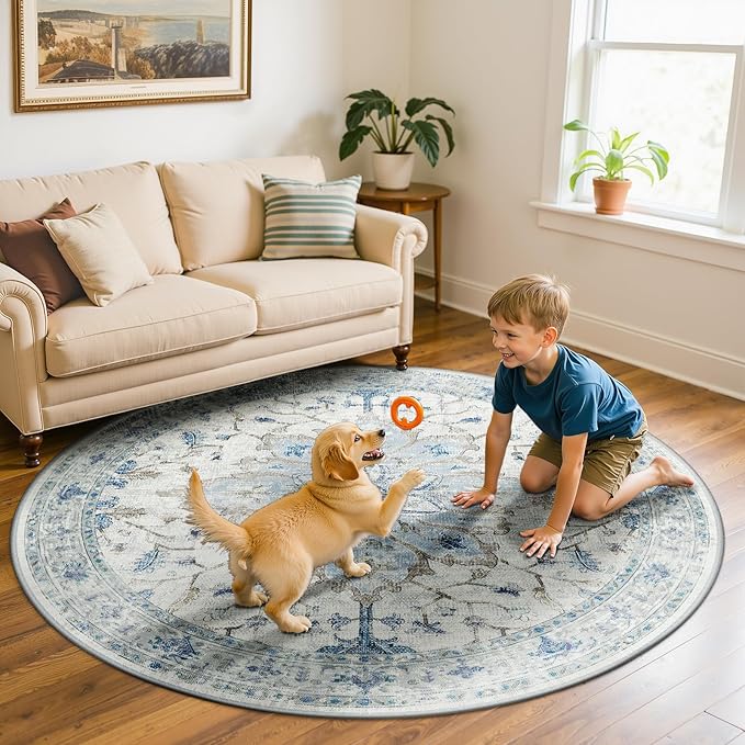 Area Rugs 6ft Washable Non-Slip, Floral Vintage Distress Print Pattern Medallion Carpet for Living Room Bedroom Dining Room, Light Blue Navy Beige Gray White