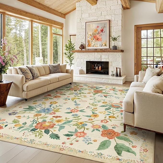 Amada 8x10 Area Rugs, Non-Slip & Low-Profile Large Area Rug with Reinforced Edge Binding, Washable Soft Boho Floral Rugs for Living Room, Bedroom, Dining Room
