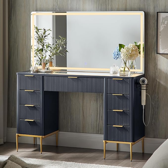 T4TREAM 48" Fluted Makeup Vanity Desk with 48" Large Mirror and HD LED Lights, Modern Vanity Table with Charging Station, Glass Top and Golden Handles Dressing Table for Bedroom,Dark Grey
