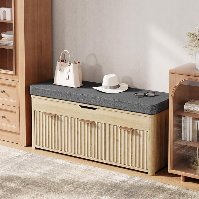 Shoe Bench with Storage - Lift Top Entryway Bench with Hidden Storage, Shoe Rack with Adjustable Shelves and Cushioned Seat, Wooden End of Bed Bench for Bedroom, Living Room and Hallway,Nature
