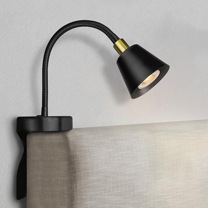 Solfres Patented Innovative Design Headboard Reading Light. No Drilling Golden Book Light for Bedtime Reading. Dimmable LED Book Reading Lamp with Bulb. Movable & Flexible, Black and Golden