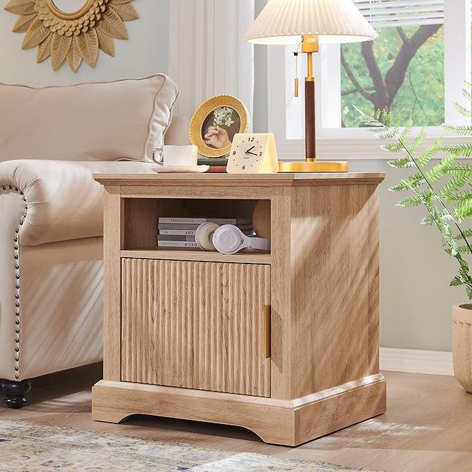 22" Large Fluted Nightstand with Charging Station, Modern End Table, Wood Side Table w/Open Shelf & Spacious Tabletop, Bedside Table with Storage Space for Bedroom, Living Room-Natural
