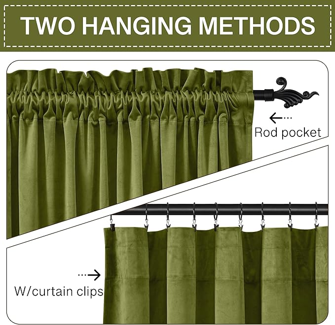 StangH Green Velvet Curtains for Living Room, 96 inches Long Thermal Insulated Blackout Window Drapes for Sliding Door, Christmas Holiday Backdrops, Olive Green, W52 x L96, 2 Panels