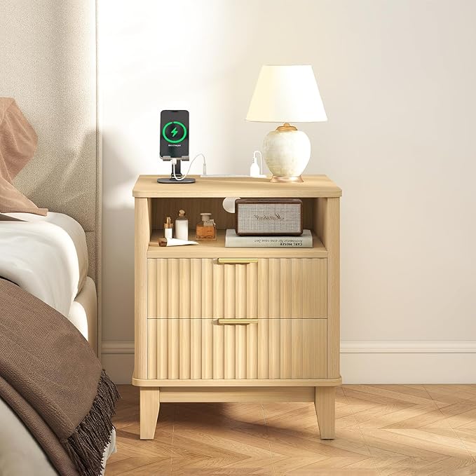Night Stand with Charger Station, Fluted Nightstand with Drawers and Storage Shelf, Mid Century Modern Bedside Table Nightstands, Large Bed Side Table Wood Night Stands for Bedroom Living room