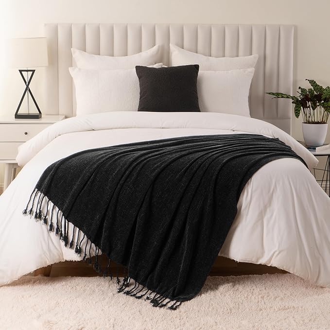 BATTILO HOME Black Throw Blanket for Couch, Bed, Sofa - Soft Cozy Chenille Throw with Fringe Tassels, Lightweight Chenille Knit Throw for Home Decor, 50"x60"