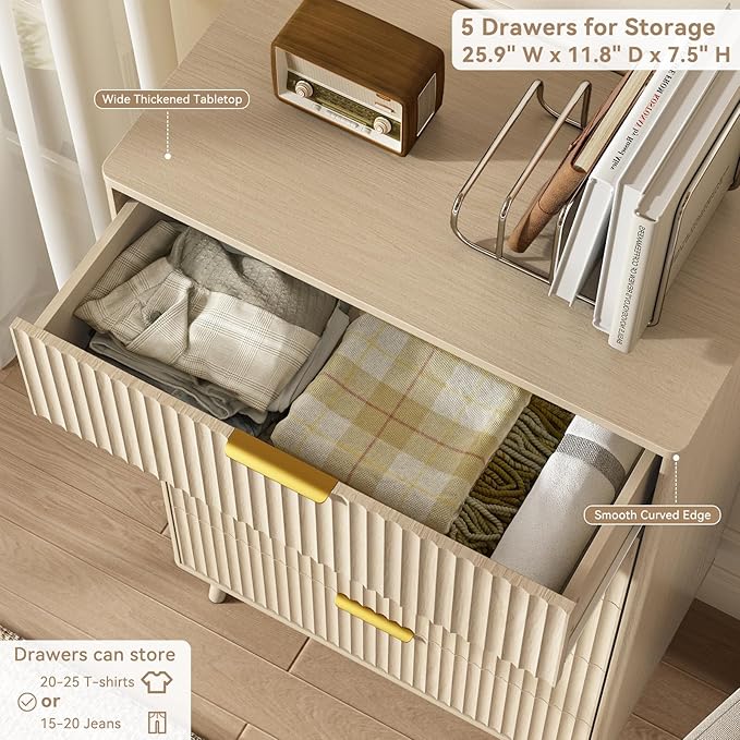 CARPETNAL Fluted 5 Drawers Dresser for Bedroom, 45" Tall Wooden Chest of Drawers with Rounded Corners, Gold Handles, Modern Storage Organizer for Bedroom, Hallway (Beige)