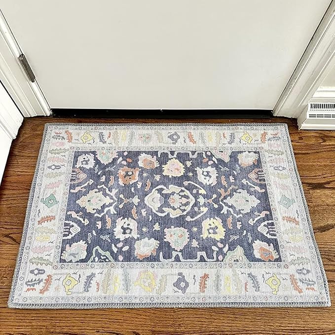 Fame Rugs Navy Blue Modern Oushak Rug 2x3, Vintage Doormat Turkish Colorful Oriental Antique Inspired Washable Small Area Rug, Luxury Living Room Bedroom (388NB, 2' x 3')
