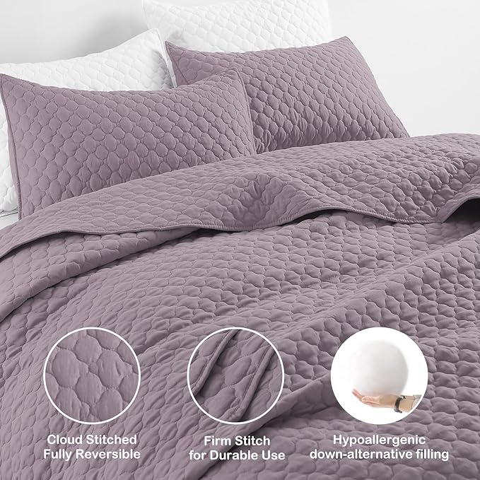 HORIMOTE HOME Quilt King Size Grayish Purple, Lightweight Quilt for Summer, Ultra-Soft Microfiber Modern Style Quilted Clouds Pattern Bedspread Quit Set 3 Pieces(1 Quilt and 2 Pillow Shams)