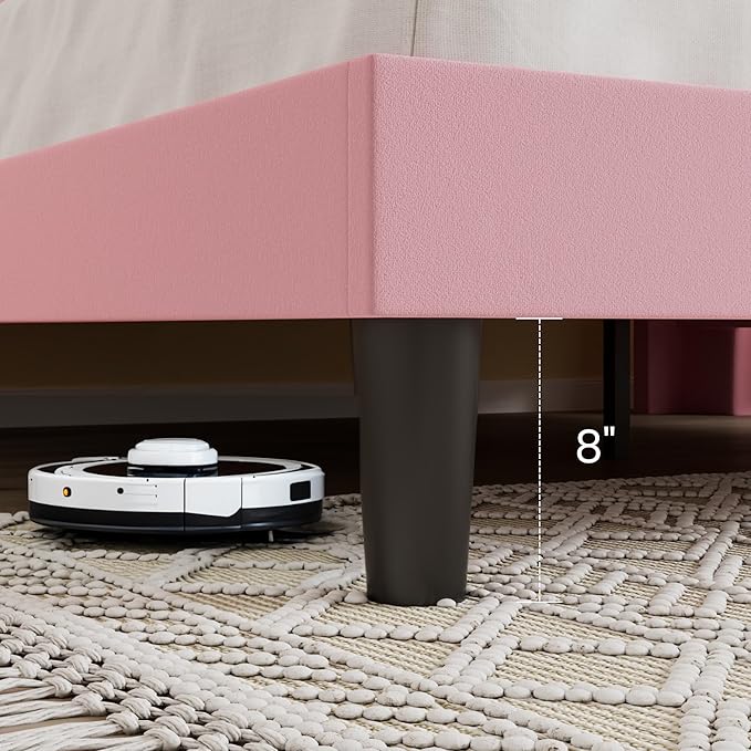 SHA CERLIN King Size Velvet Upholstered Platform Bed Frame with Vertical Channel Tufted Wingback Headboard, Wooden Slats Support, Easy Assembly, Under Bed Storage, No Box Spring Required, Pink