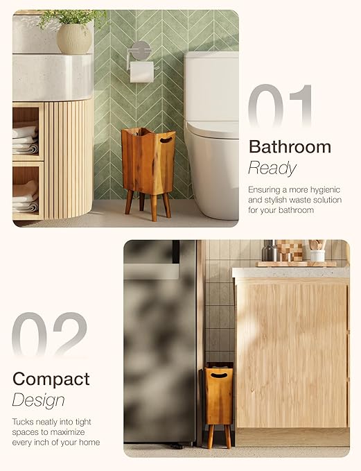 2 Gallons Wooden Trash Can 4 Legs - Acacia Wooden Bin, Wood Bathroom Accessories - Small Bin, Waste Basket for Bedroom, Office Garbage Can - Decorative Bathroom Trash Can - Patent Pending