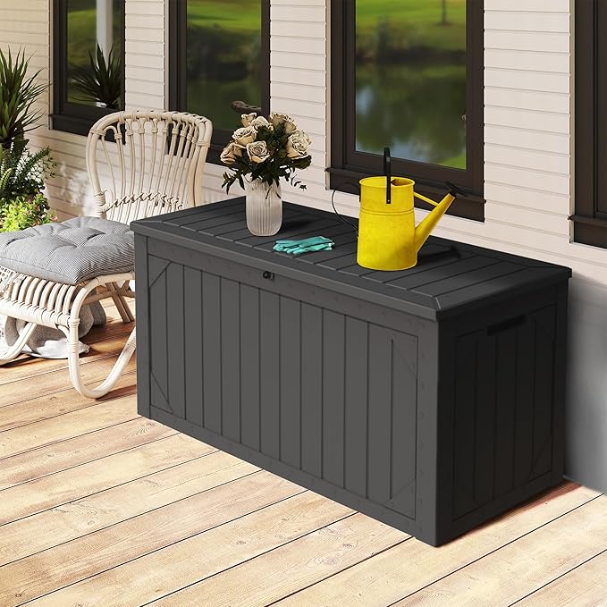 100 Gallon Outdoor Storage Box Waterproof, Lockable Resin Deck Box Patio Storage Bin for Pool Accessories Cushion Furniture, Garden Tools, UV-Resistant Outside Delivery, Black