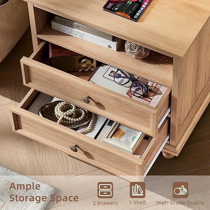 24" Wide Farmhouse Nightstand with Charging Station, End Table with 2 Drawers, Natural Wood Dresser for Bedroom Cabinet, Bed Side Table Chest of Drawers, Night Stand for Living Room, Closet
