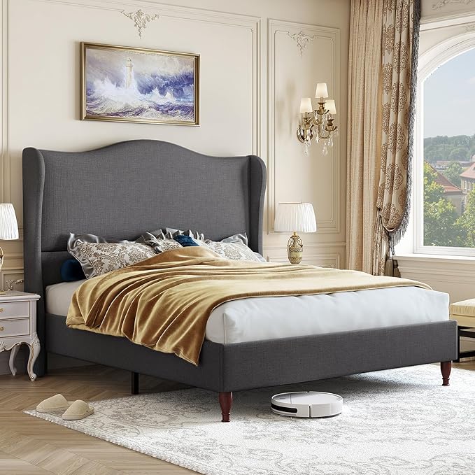koorlian Queen Upholstered Bed, Soft Chenille Sleigh Platform Bed Frame with Wingback Tall Headboard, Retro Minimalist/No Box Spring Required/Easy Assembly, Grey