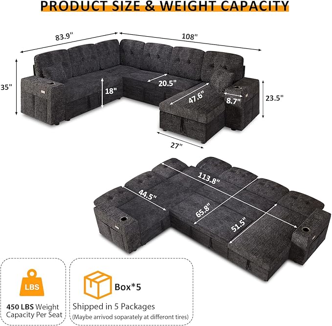 Modular Sectional Sleeper Sofa with Pull Out Bed, U Shaped 7 Seat Sectional Couches for Living Room, 108 Inch Sofa Bed with Adjustable Backrest | Hidden Storage | Wide Armrest | Navy Blue