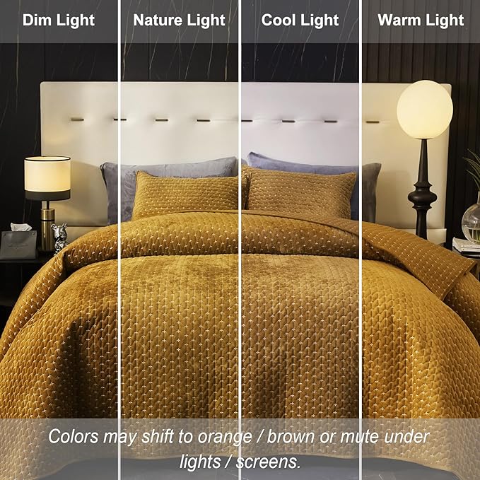 Powdion Velvet Quilt King Size,Bedspread Quilted Bedding Set,Luxurious Soft Coverlet Set Lightweight Velvet Comforter with Pillow Shams Brown, 96x106 Cross Stitch Striped Quilt Set