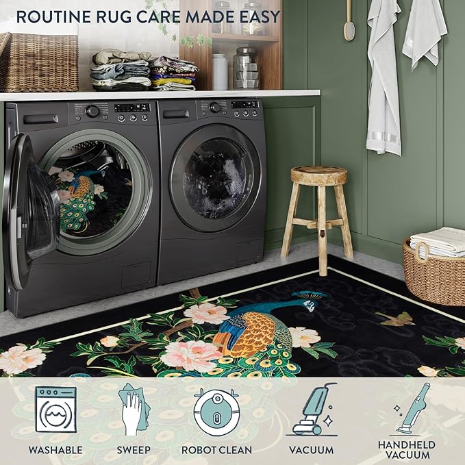 Lahome Peacock Washable Rugs 5x7, Soft Black Rug for Living Room Bedroom, Floral Vintage Non-Slip Low Pile Stain Resistance Carpet for Farmhouse Dining Room Office, Black