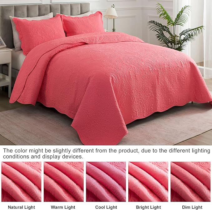 HoneiLife Queen Quilt Bedding Set - Microfiber Quilt Sets for Queen Bed, 3-Piece Lightweight Bedspreads,Reversible Coverlets Rustic Bedlinen Sets, Floral Bedding Set All Season Quilts-Sugar Coral
