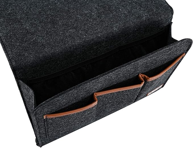Bedside Caddy, Large Size Storage Organizer with 6 Pockets for Magazine, Remotes, Phone (13.4'' x 18.1'', Dark Grey)