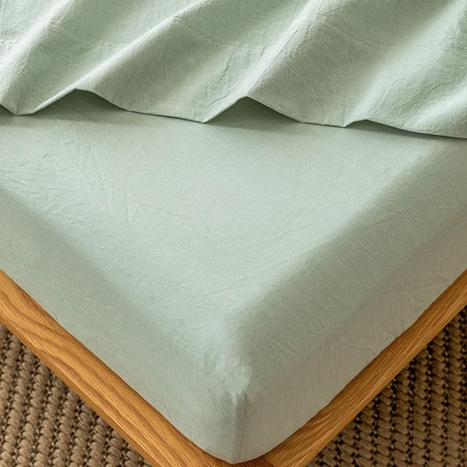 MooMee Fitted Bottom Sheet Only 100% Washed Cotton Linen Like Textured Breathable Durable Soft Comfy Deep Pocket Fits Mattress up to 17" (Sage Green, Queen)