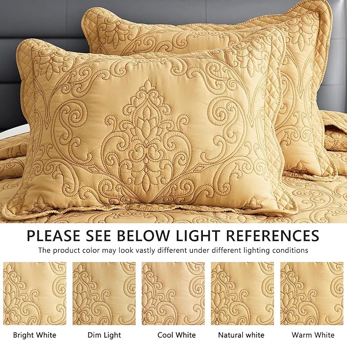 CHIXIN Bedspread Coverlet Quilt Set Full Size - Lightweight Bedding Cover - Beautiful Stitching - 5 Piece Reversible Bedspread - Luxury Damask Paisley Pattern (Full, Honey-Gold)