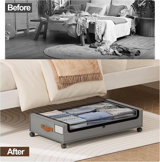 LAMU Under Bed Storage with Wheels, 2 Pack Under Bed Storage Containers with Clear Lid, XXL 60L Underbed Storage Bins, Rolling Under Bed Metal Drawers for Clothes, Blankets, Shoes, Grey
