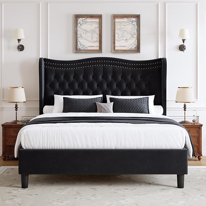 Upholstered King Size Bed Frame with Tall Headboard, Velvet Wingback Platform Bed Frame with Deep Button Tufted, No Box Spring Needed, Noise Free, Black