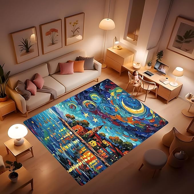 Machine Washable 2' x 3' Seaside Villages and Churches Area Rug, Bule Floor mat, Suitable for bedrooms, Girls' Room Bedside, Living Room, Dining Room, Office, Non-Slip Low-Pile Night Sky Carpet