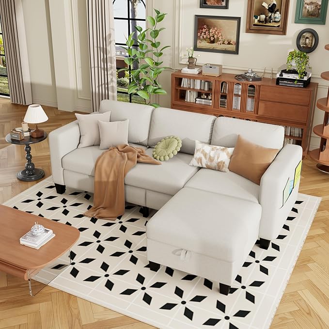 ZeeFu Sectional and Sofa Couches for Living Room - 78'' 3 Seater L-Shaped Modular Couch with Storage Ottoman - Modern Velevt Fabric Upholstered Sofa Set for Small Space Apartment Office