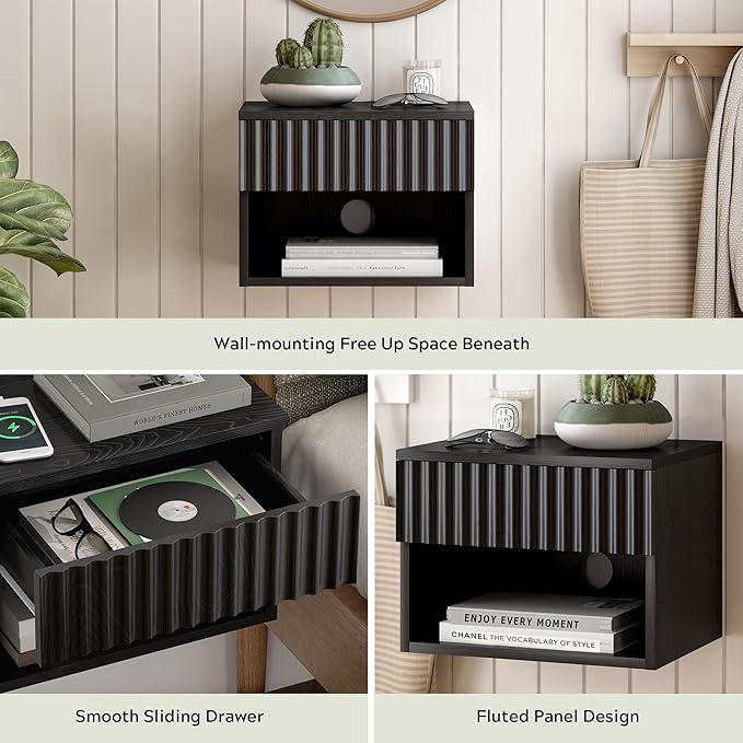 Fluted Floating Nightstand Set of 2 with Drawer, Modern Night Stand with Fluted Door and Open Storage Shelf Wall Mounted Bedside Table for Bedroom, Entryway Black