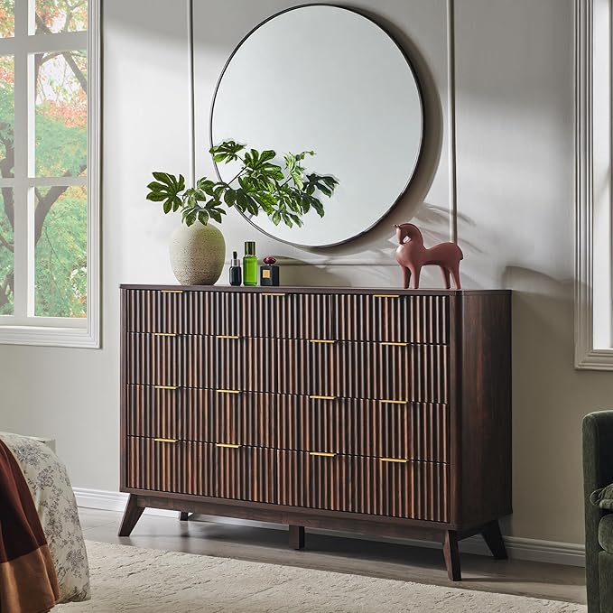 T4TREAM Fluted 9 Drawers Dresser, 54" Wide Modern Chest of Drawers, Curved Profile Design, Dresser TV Stand, Wood Drawer Organizer for Bedroom, Living Room, Hallway, Dark Walnut
