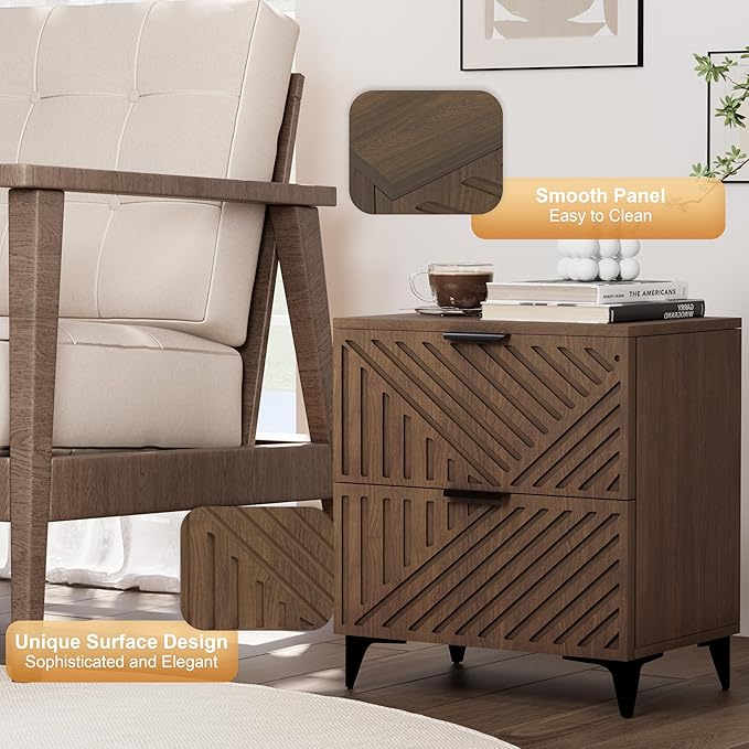 Royal Windsor Small Fluted Nightstand Set of 2 with 2 Drawers, Side End Table, Small Accent Storage Cabinet,Modern Night Stand Bedside Table for Bedroom Full Size Bed, Brown