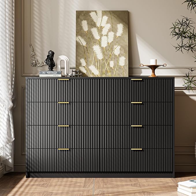 3-Piece Dresser Bedroom Set, 8 Drawer Dresser & 2 Drawer Nightstands with Gold Handles, Fluted Wood Chest of Drawers for Bedroom, Living Room, Entryway, Black