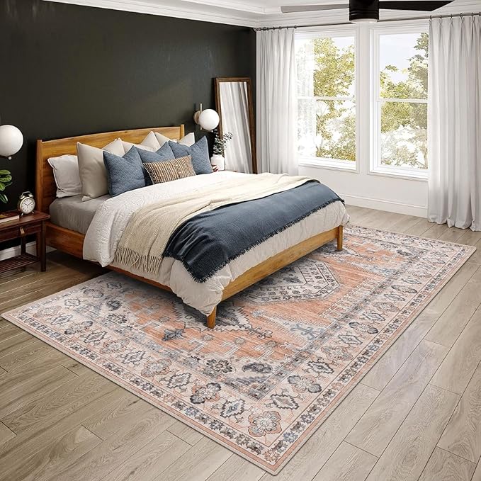 vivorug 5x7 Area Rugs - Ultra-Thin Washable Rug with Non-Slip Backing, Ideal for Living Room, Bedroom, Dining Room Indoor - Vintage Medallion, Easy Clean, Durable, Low Pile Rug Orange