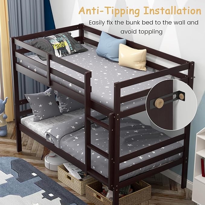 Giantex Bunk Bed Twin Over Twin, Solid Wood Bunk Bed with Sturdy Ladder & 12 Inch Safety Guard Rails, Twin Size Wood Bed Frame for Dormitory, No Box Spring Needed, Bunk Beds for Kids Teens, Espresso