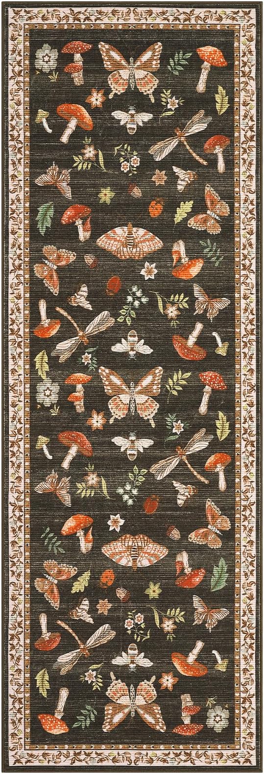 Mushroom Insect Washable Rug 2x6 Runners for Hallways, Boho Kitchen Runner Rugs Non Slip Bath Runner, Modern Bedroom, Soft Long Entryway Bathroom Laundry Dorm, Brown