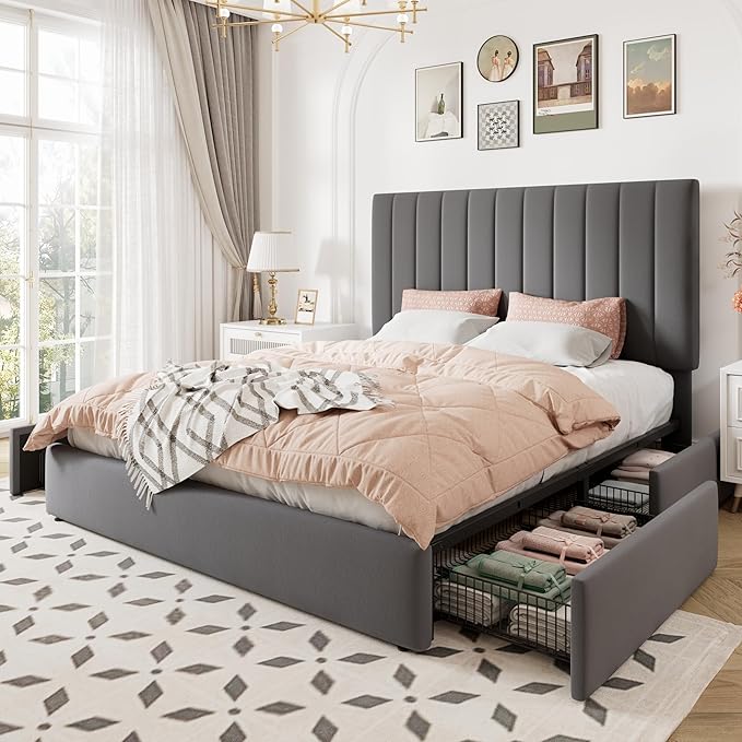 Allewie Full Size Storage Bed Frame, Vertical Channel Tufted Adjustable Headboard, Velvet Upholstered Platform Bed with 4 Oversized Underbed Drawers, Wooden Slats Support, No Box Spring Needed, Grey
