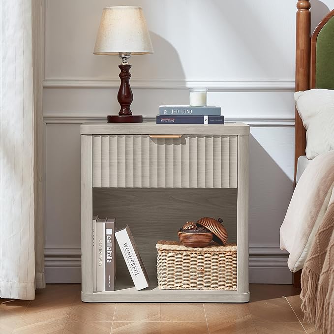LEYAOYAO 23" Wide Fluted Farmhouse Night Stand Set of 2 with Charging Station, 1 Drawers Large End Table w/Metal Handle, LightGrey Nightstand Bedside Table,Wood Dresser for Bedroom, Closet