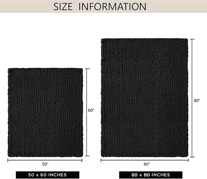 Chunky Knit Throw Blanket 60"X 80", 100% Handmade with Soft Chenille Yarn, 6.7lbs Thick Cable Knitted Blankets, Large Rope Knot Crochet Throws for Couch Sofa Bed Home Decor, Black