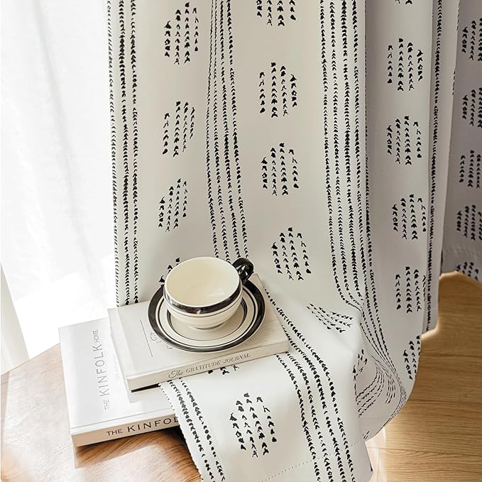 100% Boho Blackout Curtains 72 Inches Long for Bedroom, Black on Beige Patterned Bohemian Curtains for Living Room, Geometric Striped Thermal Insulated Window Drapes Gromment Top 2 Panels
