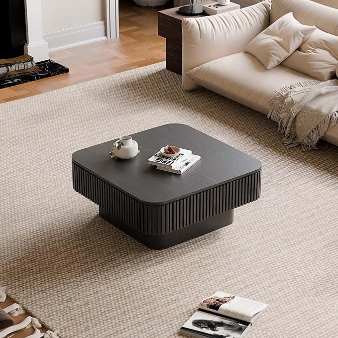 Square Small Coffee Table with Storage, Modern Wooden Coffee Table with Solid Wood Veneered, Fluted Center Table Drum Tea Table for Living Room Apartment, 31.5''L×31.5''W×14''H
