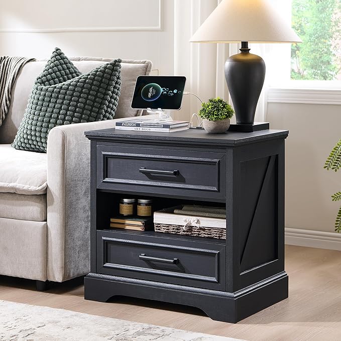 ACCOHOHO 24" Farmhouse Nightstand Set of 2 with Charging Station, 2 Drawers Large Bedside Table with Open Shelf, Rustic End Table for Bedroom - Black