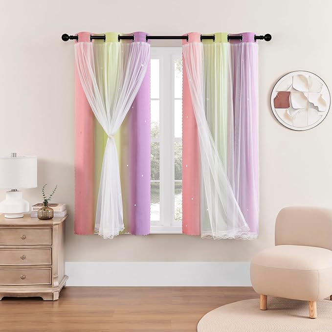 XiDi Curtains for Bedroom Decor, Rainbow Pink PurpleYellow34/45/1