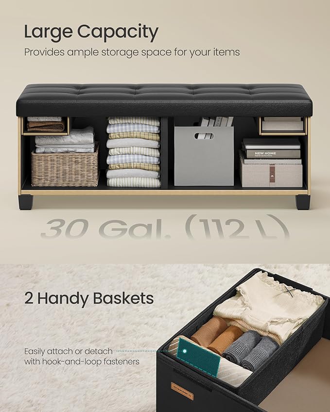 SONGMICS Storage Ottoman, Storage Bench with Legs, 15 x 43.3 x 15.7 Inches, Ottoman Bench, 30 Gal. (112 L), Synthetic Leather, for Living Room, Entryway, Ink Black ULSF0514B02