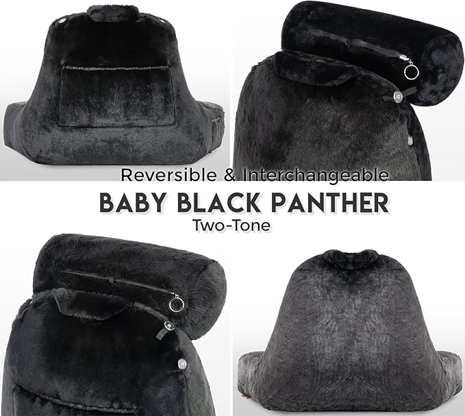 Husband Pillow Medium Limited Baby Black Panther Backrest, 2-Tone Reversible Double Sided Fabulous Faux Fur Reading & Bed Rest Pillow with Arms & Neck Roll, Adjustable Memory Foam - Extremely Comfy