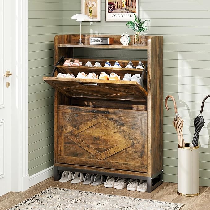 Shoe Cabinet, Shoe Storage Cabinet with 2 Flip Drawers & Adjustable Shelf, Space-Saving Shoe Organizer – Holds 12+ Pairs, Narrow Shoe Cabinet Storage for Entryway/Hallway（Brown）