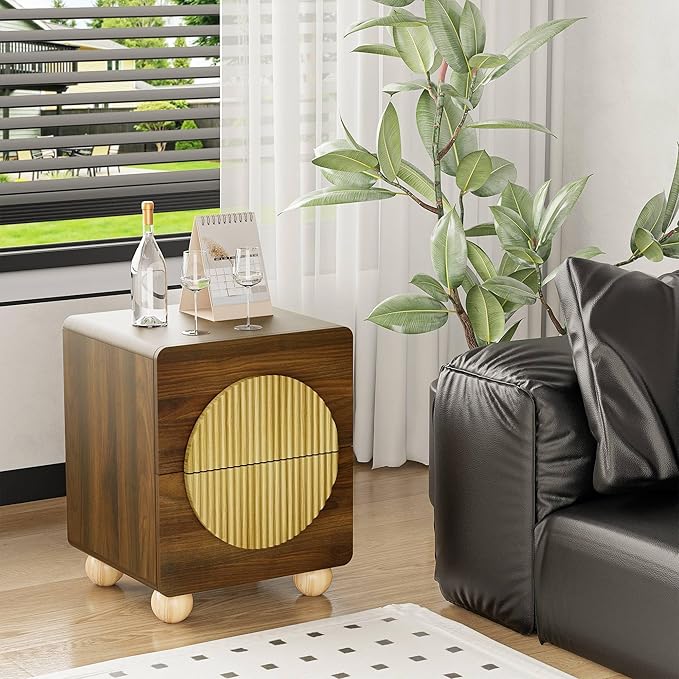 23" Fluted Nightstand with Solid Wood Legs, Modern Style Walnut Bedside Table with Round Moon Handle & Storage, Mid Century Cute Night Stand for Bedroom, Side Table, End Table
