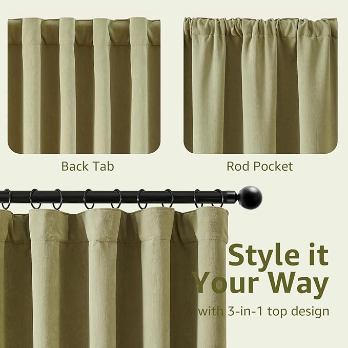 jinchan Chenille Blackout Curtains 108 Inches Long Sage Green Thermal Insulated Curtains for Living Room Bedroom 2 Panels Back Tab Window Curtains Triple Weave Noise Reducing Drapes 50x108 Inch