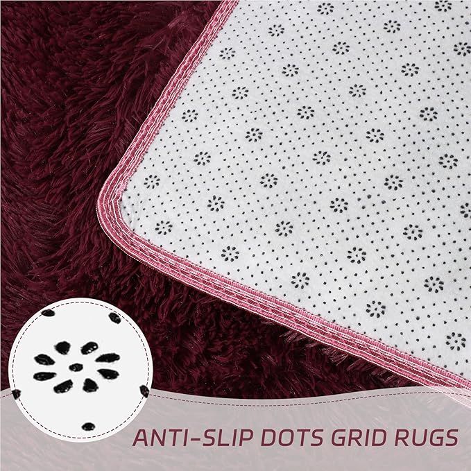 duduta Burgundy Plush Round Rug 4x4 ft, Fluffy Shag Rugs for Bedroom Classroom Nursery Playroom Dorm Decor, Washable Non Slip