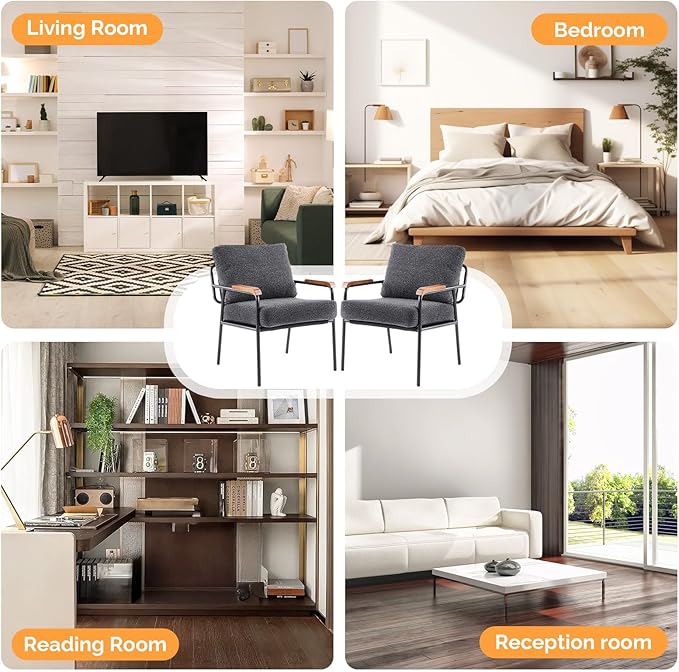 VINGLI Mid-Century Modern Accent Armchiars Set of 2 for Small Space, Small Comfy Upholstered Leisure Reading Chairs with Wood Armrests for Bedroom, Living Room, Waiting Room, Linen Grey