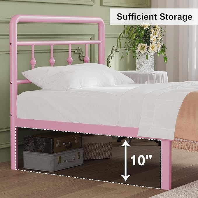 12 Inch Twin Bed Frames with Headboard and Footboard, Heavy Duty Twin Metal Mattress Foundation No Box Spring Needed, Noise Free, Easy Assembly, Pink